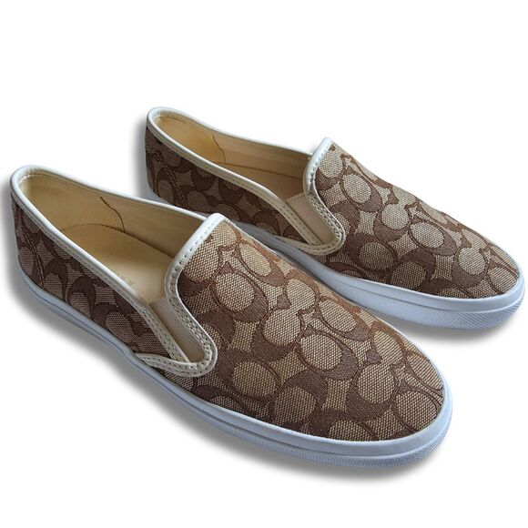 Coach Chrissy Sneakers 9.5 Beige Brown Jacquard Signature C Slip-On Shoes Loafer - Picture 2 of 11